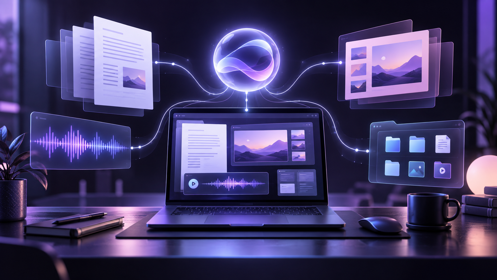 A violet-lit laptop workspace connected to floating documents, presentation panels, audio waves, and private local files.