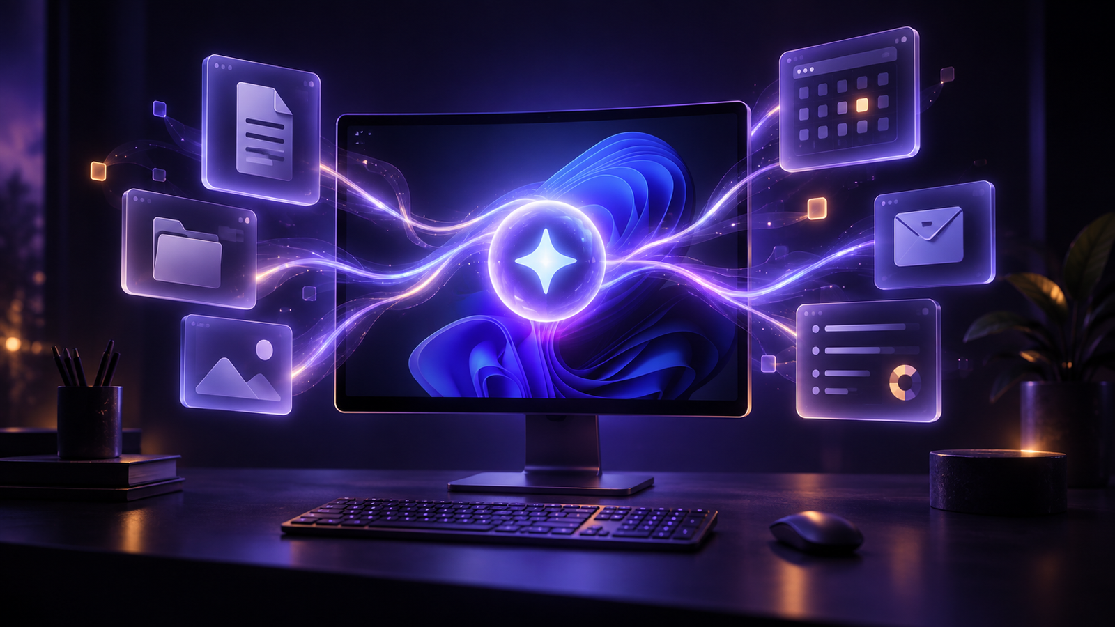 A violet-lit desktop computer surrounded by translucent panels for files, documents, images, messages, and a calendar as an AI light field flows through them.