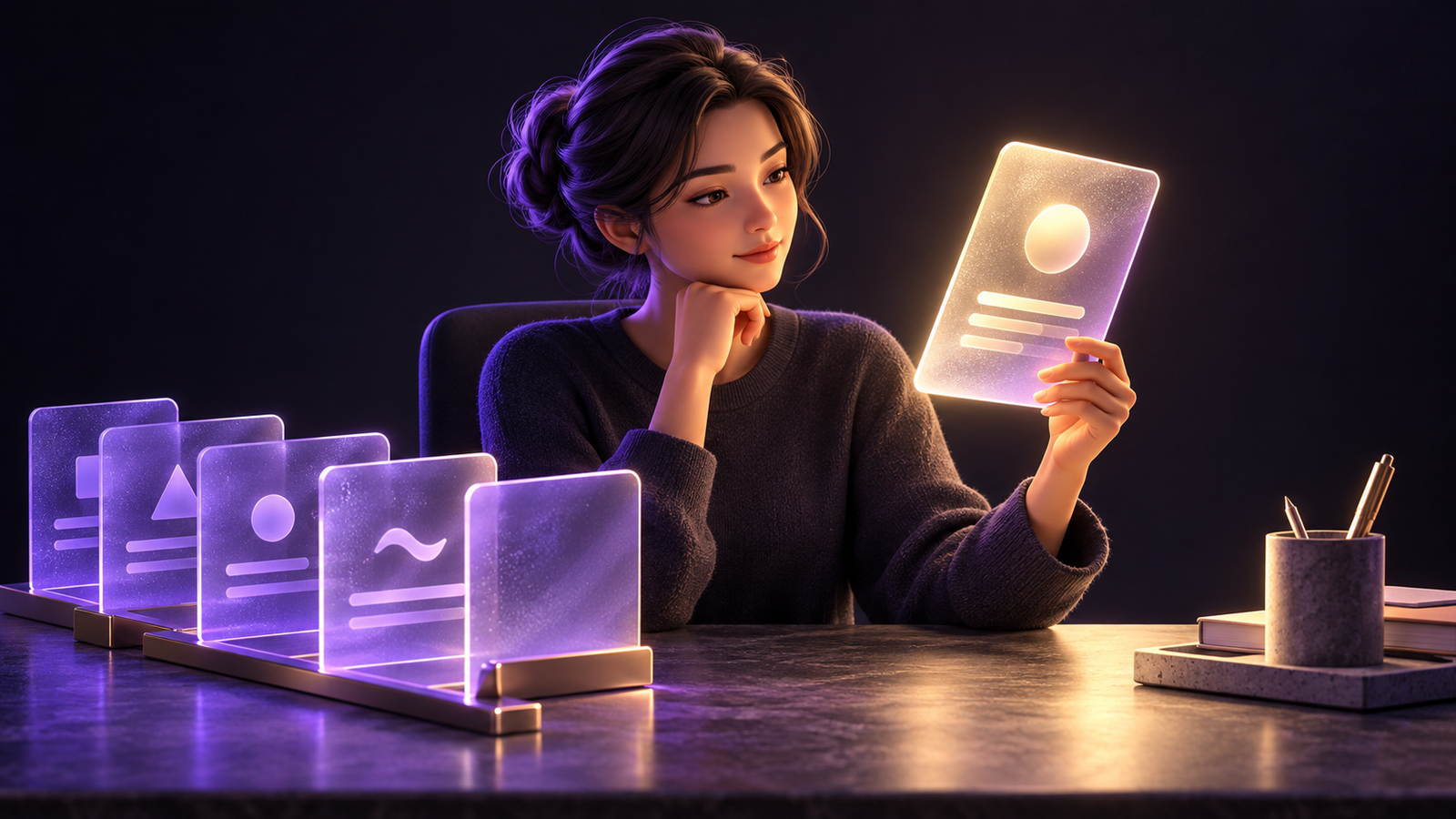 A person reviews a glowing checkpoint card while violet task cards wait in a queue above a desk.